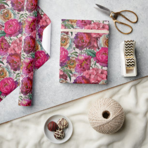 Papier Cadeau Peonies roses rouges et fleurs d'Hydrangée