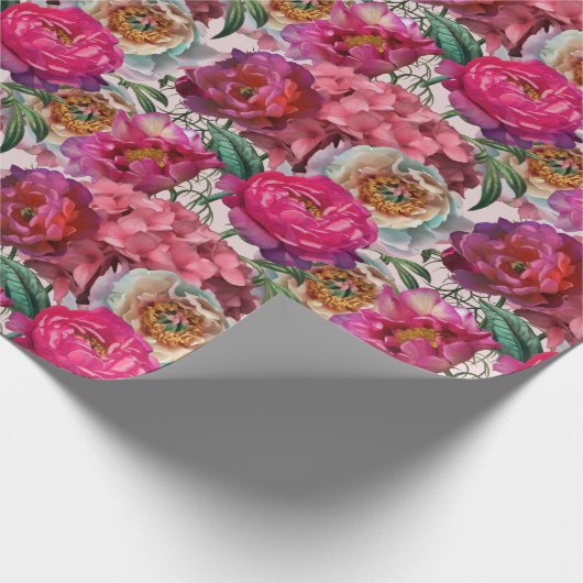 Papier Cadeau Peonies roses rouges et fleurs d'Hydrangée (Coin)