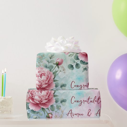 Papier Cadeau Peonies Roses Sur Mariage/Douche Bleu/Rose (Cadeaux de fête)