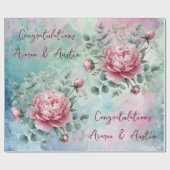 Papier Cadeau Peonies Roses Sur Mariage/Douche Bleu/Rose (Plat)
