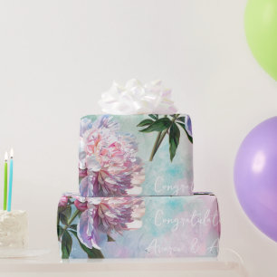 Papier Cadeau Peonies Roses Sur Mariage/Douche Bleu/Rose