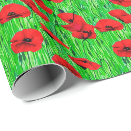 Papier Cadeau Pépites rouges dans un champ vert (Coin rond)