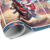 Papier Cadeau Père Noël à cheval sur un rodéo Bull Noël (Coin rond)