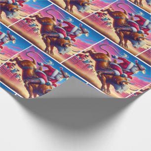Papier Cadeau Père Noël à cheval sur un rodéo Bull Noël