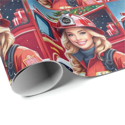 Papier Cadeau Père Noël Brigade Femme Pompier Noël (Coin rond)