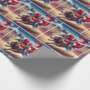 Papier Cadeau Père Noël chevauchant un taureau de rodéo de Noël