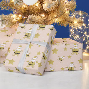 Papier Cadeau Père Noël Chic Rose Motif Or et Étoiles