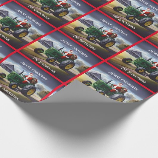 Papier Cadeau Père Noël conduisant un tracteur vert (Coin)