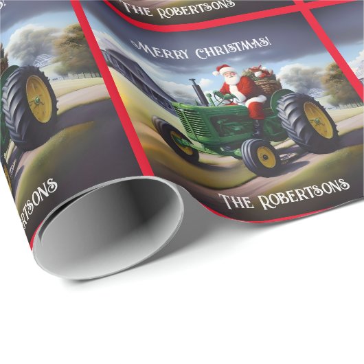 Papier Cadeau Père Noël conduisant un tracteur vert (Coin rond)