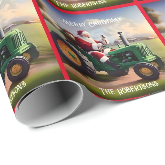 Papier Cadeau Père Noël conduisant un tracteur vert (Coin rond)