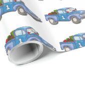 Papier Cadeau Père Noël conduisant un vieux camion bleu (Coin rond)