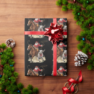Papier Cadeau Père Noël Cowboy Western Roping Noël Vintage