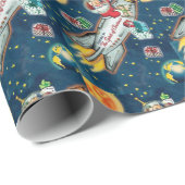 Papier Cadeau Père Noël dans la fusée Terre Lune Étoiles (Coin rond)