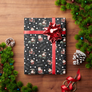 Papier Cadeau Père Noël de golf sur noir