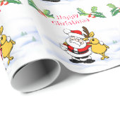 Papier Cadeau Père Noël de Noël avec rennes, baies sèches, neige (Coin rond)