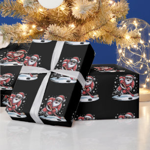 Papier Cadeau Père Noël de Noël drôle jouant au hockey sur glace