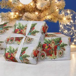 Papier Cadeau Père Noël de Noël Vintage avec jouets et voiture r