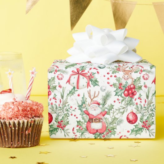 Papier Cadeau Père Noël Deer Baubles Holly Christmas Wrapper Pap (Fête d'anniversaire)