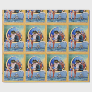 PAPIER CADEAU PÈRE NOËL DES MARINS, LUNE, CHRISTMAS SOCKS ET JOU