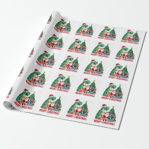 Papier Cadeau Père Noël drôle et dinosaures par l'arbre de Noël