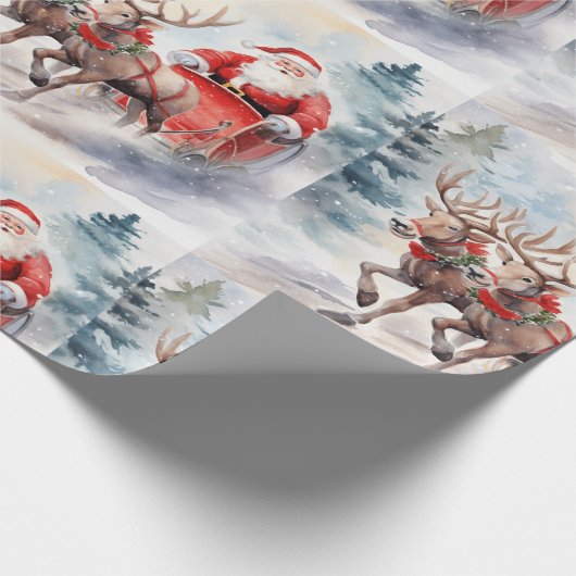Papier Cadeau Père Noël en traîneau à travers les bois enneigés (Coin)