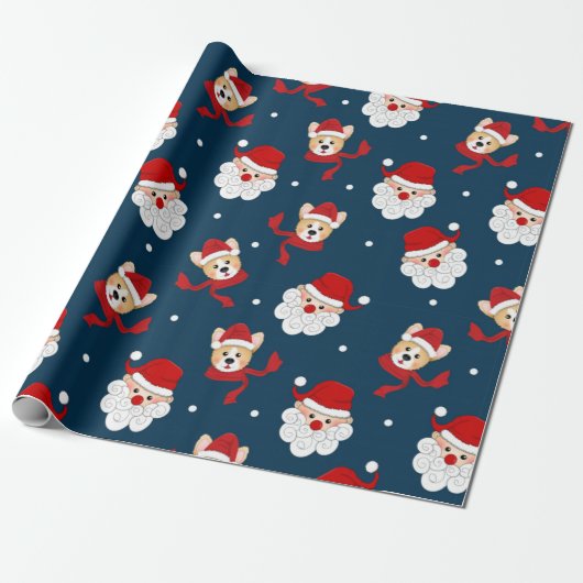 Papier Cadeau Père Noël et Motif de Corgi (Déroulé)