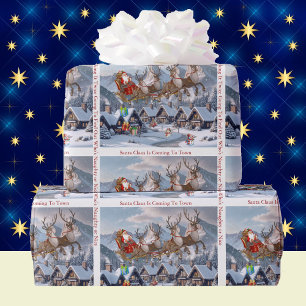 Papier Cadeau Père Noël et ses rennes Noël Personnaliser le text