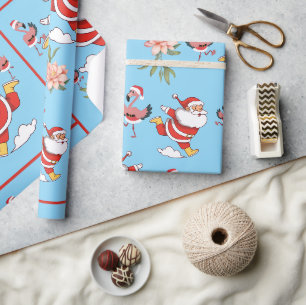 Papier Cadeau Père Noël Flamant Tropical Motif de Noël