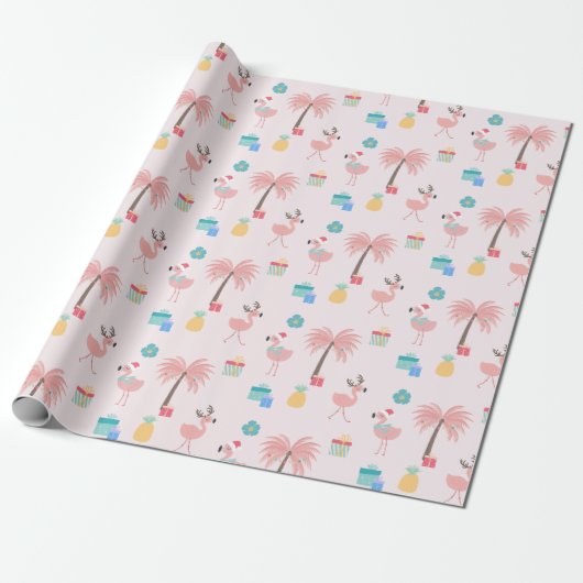 Papier Cadeau Père Noël Flamingo Pattern Amusant rose Tropical N (Déroulé)