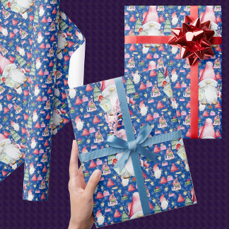 Papier Cadeau Père Noël Gnome pour les fêtes Motif de Noël Bleu