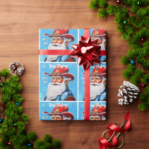Papier Cadeau Père Noël joyeux dans un chapeau western de Noël