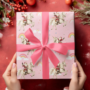 Papier Cadeau Père Noël & Licorne Fêtes de Noël Arc-en-ciel Rose