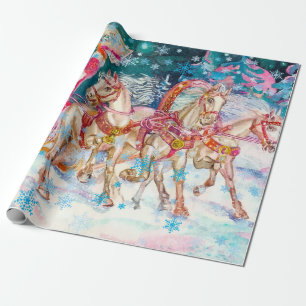 Papier Cadeau Père Noël Magique Cheval Sleigh Neige Nuit de Noël
