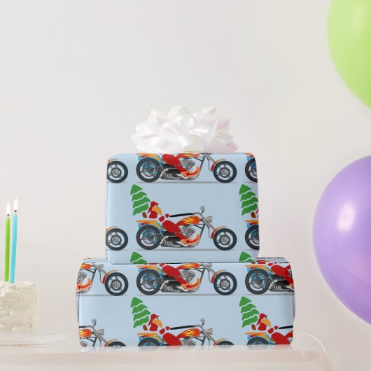 Papier Cadeau Père Noël moto sur un hélico portant un arbre de N (Cadeaux de fête)