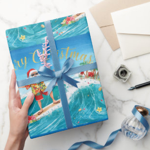 Papier Cadeau Père Noël Noël en juillet à la plage surfeur