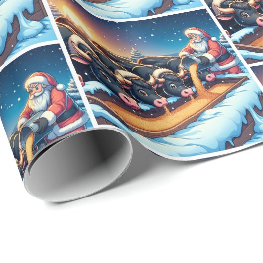 Papier Cadeau Père Noël nourrit ses vaches Noël (Coin rond)