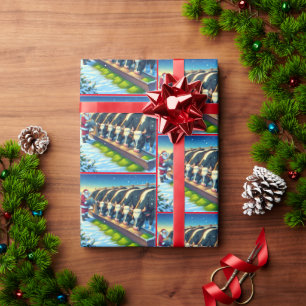 Papier Cadeau Père Noël nourrit ses vaches Noël