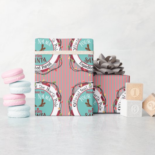 Papier Cadeau Père Noël Official Seal Rudolph sur Blue & Red Str (Baby Shower)