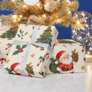 Papier Cadeau Père Noël rennes Noël aquarelle vintage