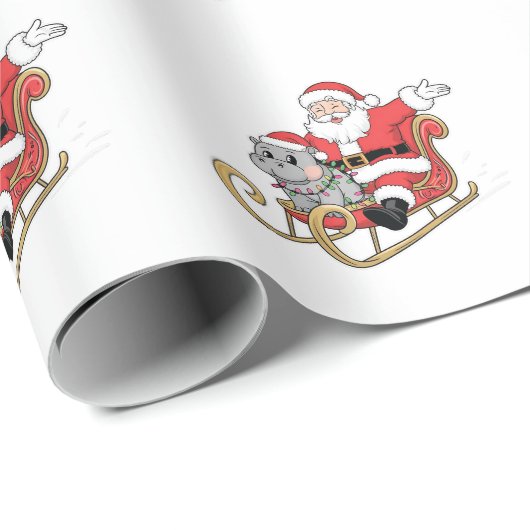Papier Cadeau Père Noël Riding Sleigh avec Moo Deng Baby Hippo (Coin rond)