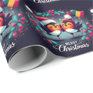Papier Cadeau Père Noël Robins tenant le drapeau roumain