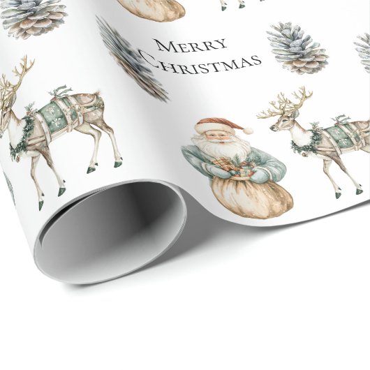 Papier Cadeau Père Noël Russe Vert Noël Pinecone Cerf (Coin rond)
