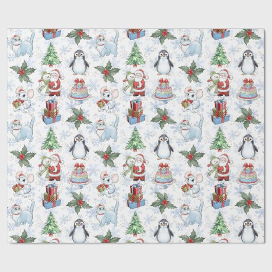Papier Cadeau Père Noël Snowman Chat Pingouin Papier à enveloppe (Plat)