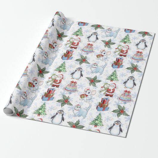 Papier Cadeau Père Noël Snowman Chat Pingouin Papier à enveloppe (Déroulé)