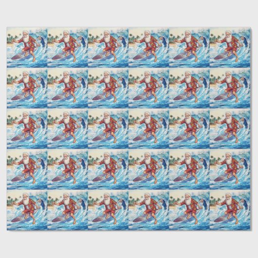 Papier Cadeau Père Noël surfant sur une grosse vague (Plat)
