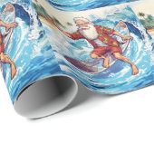 Papier Cadeau Père Noël surfant sur une grosse vague (Coin rond)