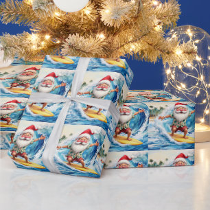 Papier Cadeau Père Noël surfant sur une grosse vague à Hawaï