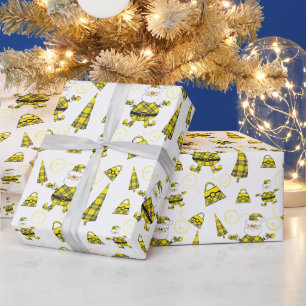Papier Cadeau Père Noël tartan jaune chic avec sacs à main