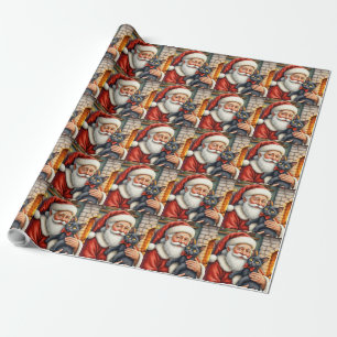 Papier Cadeau Père Noël tenant une illustration de Noël de chat