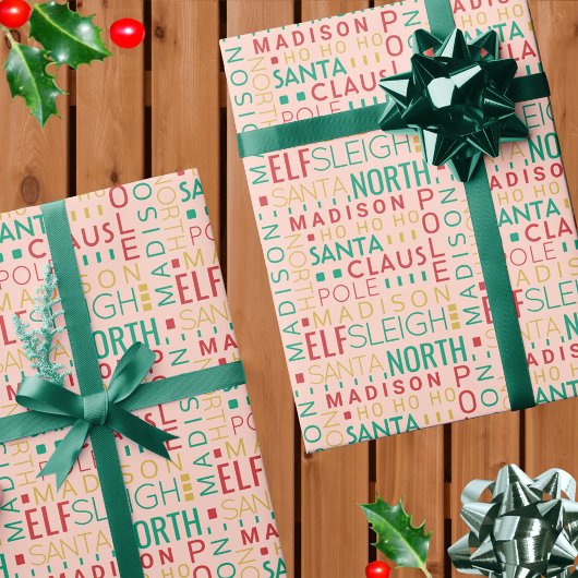 Papier Cadeau Père Noël Typographie Rouge Vert mignonne Ajouter